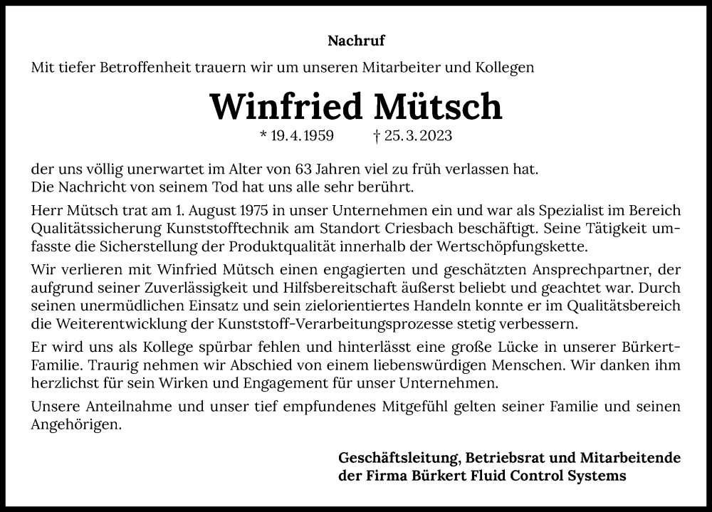  Traueranzeige für Winfried Mütsch vom 30.03.2023 aus GESAMT