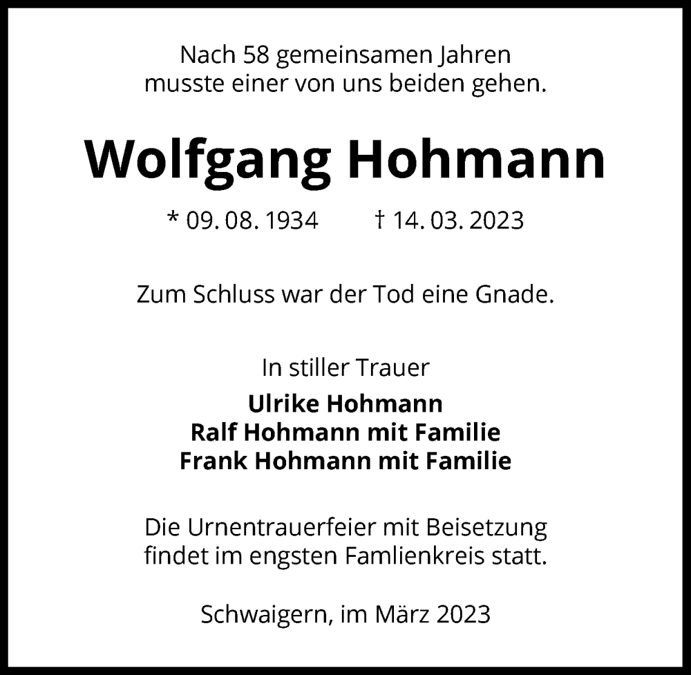  Traueranzeige für Wolfgang Hohmann vom 18.03.2023 aus GESAMT