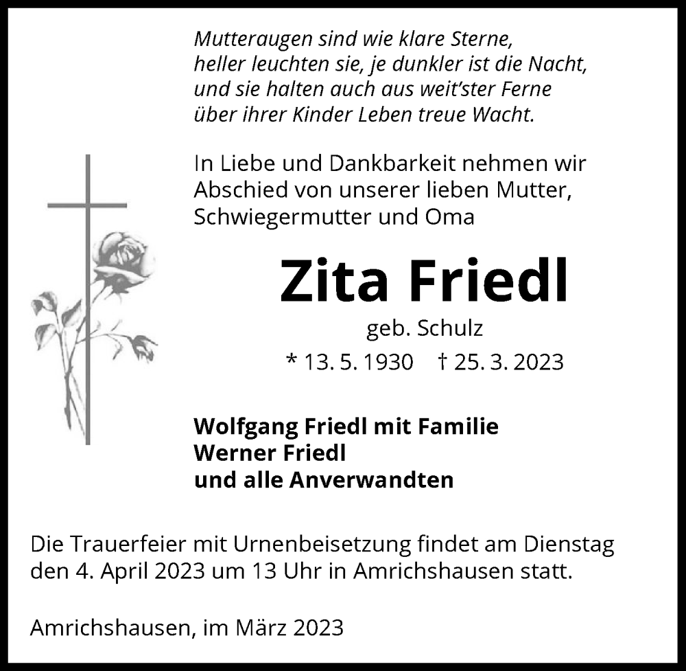  Traueranzeige für Zita Friedl vom 31.03.2023 aus GESAMT