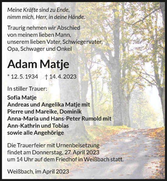 Traueranzeige von Adam Matje von GESAMT