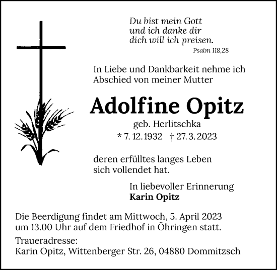 Traueranzeige von Adolfine Opitz von GESAMT