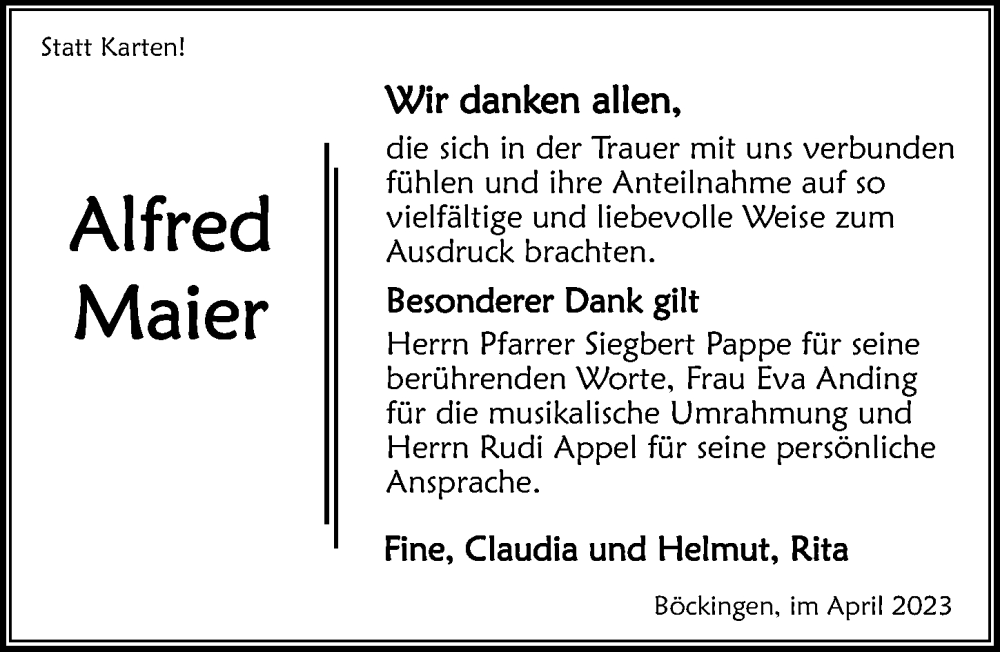  Traueranzeige für Alfred Maier vom 22.04.2023 aus GESAMT