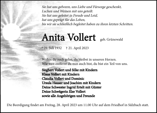 Traueranzeige von Anita Vollert von GESAMT