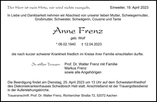 Traueranzeige von Anne Frenz von GESAMT