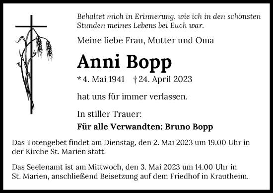 Traueranzeige von Anni Bopp von GESAMT