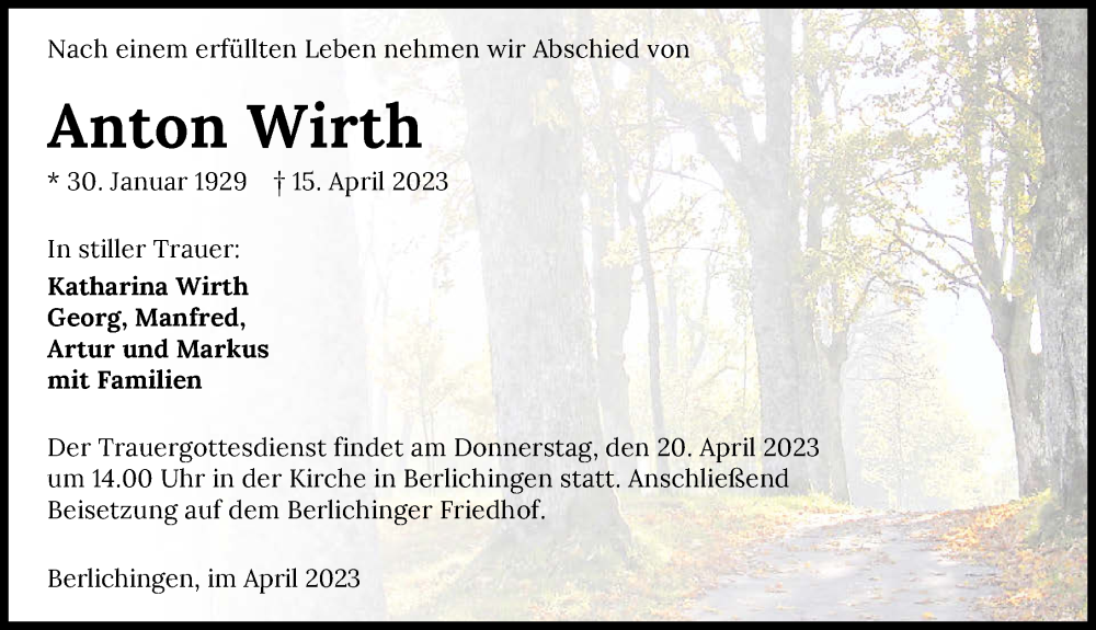  Traueranzeige für Anton Wirth vom 18.04.2023 aus GESAMT