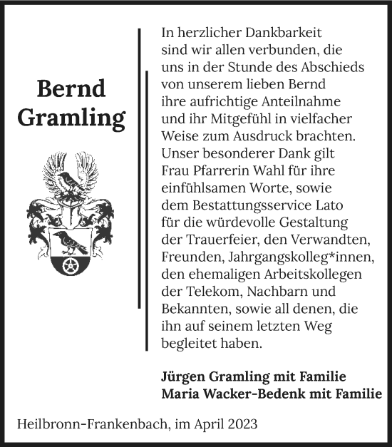 Traueranzeige von Bernd Gramling von GESAMT