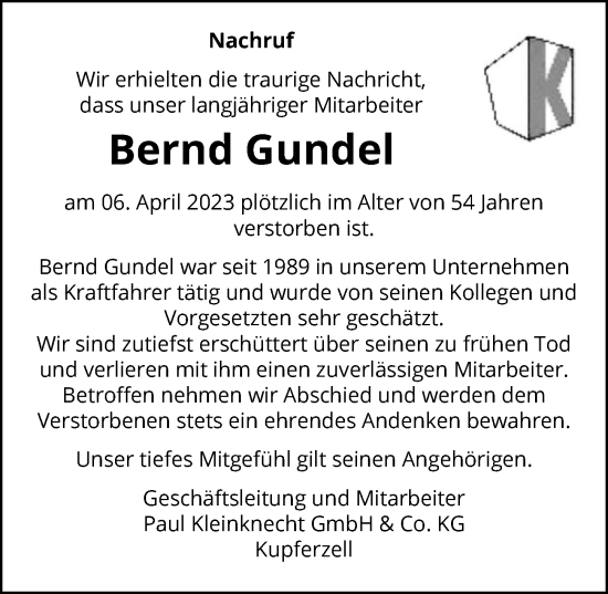 Traueranzeige von Bernd Gundel von GESAMT