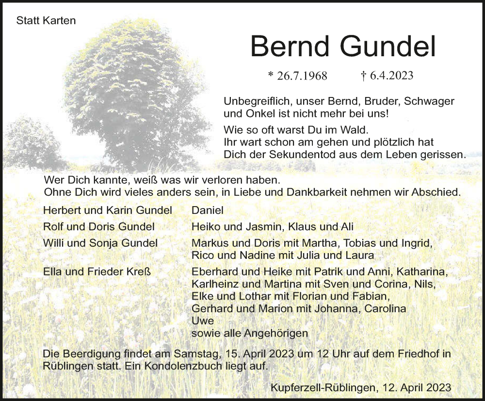  Traueranzeige für Bernd Gundel vom 12.04.2023 aus GESAMT