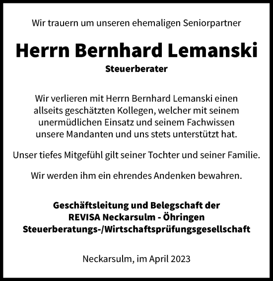 Traueranzeige von Bernhard Lemanski von GESAMT