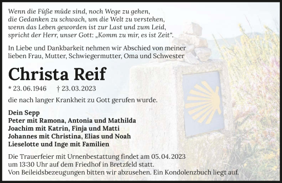 Traueranzeige von Christa Reif von GESAMT