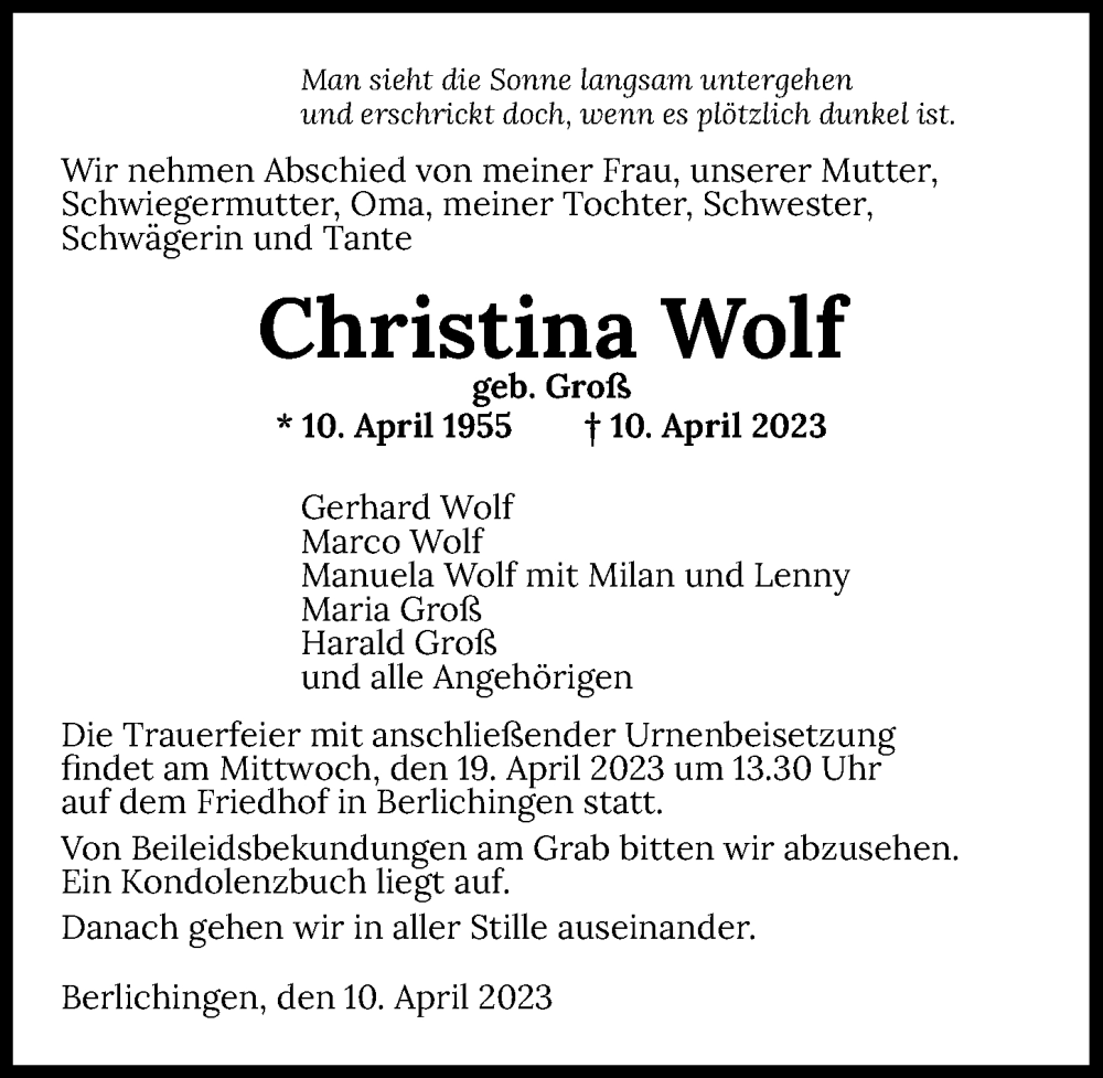  Traueranzeige für Christina Wolf vom 15.04.2023 aus GESAMT