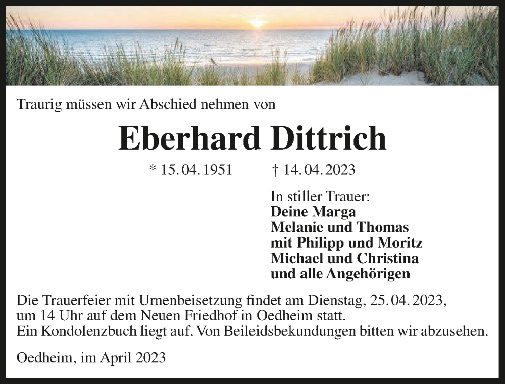  Traueranzeige für Eberhard Dittrich vom 21.04.2023 aus GESAMT