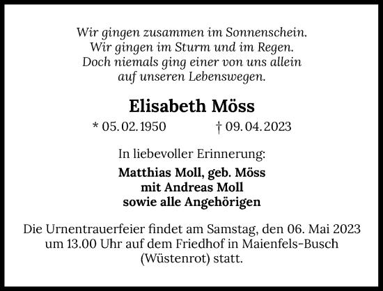 Traueranzeige von Elisabeth Möss von GESAMT