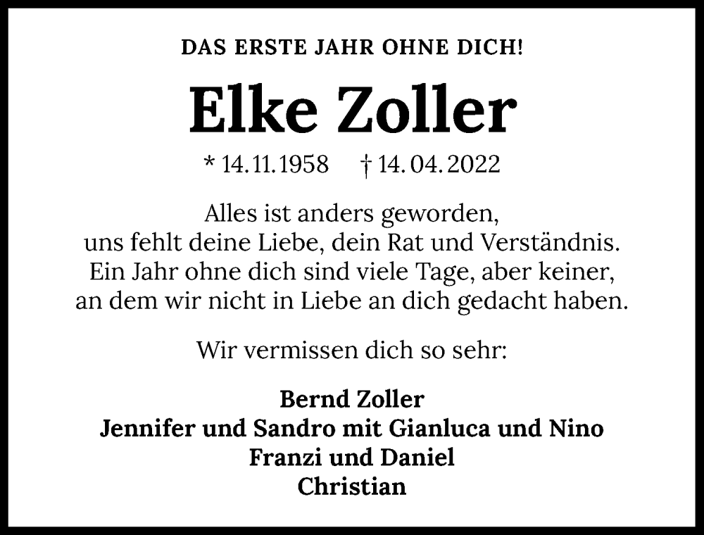  Traueranzeige für Elke Zoller vom 14.04.2023 aus GESAMT