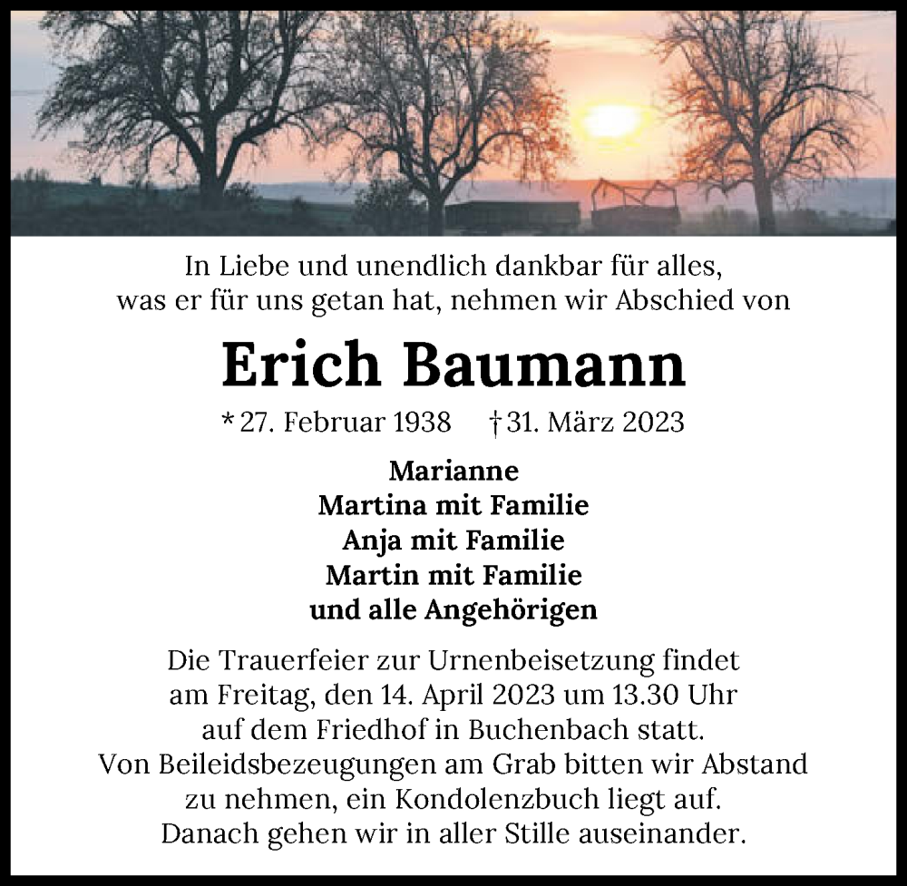  Traueranzeige für Erich Baumann vom 11.04.2023 aus GESAMT