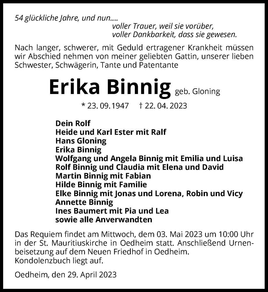  Traueranzeige für Erika Binnig vom 29.04.2023 aus GESAMT