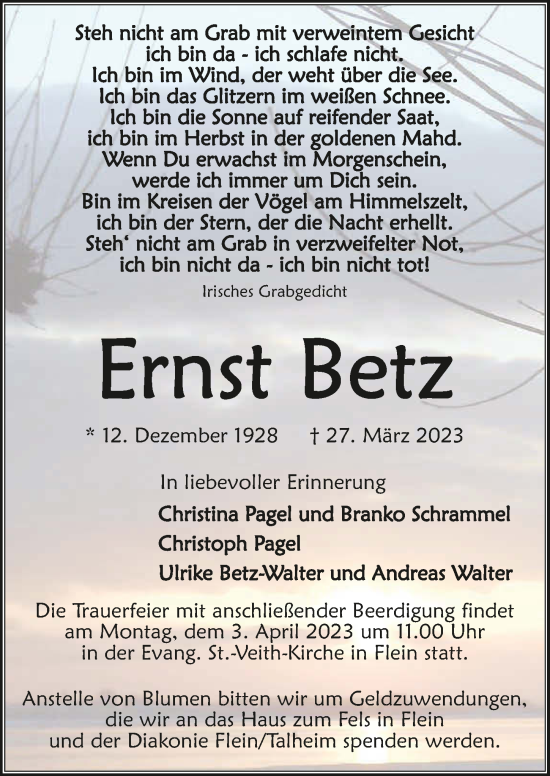 Traueranzeige von Ernst Betz von GESAMT
