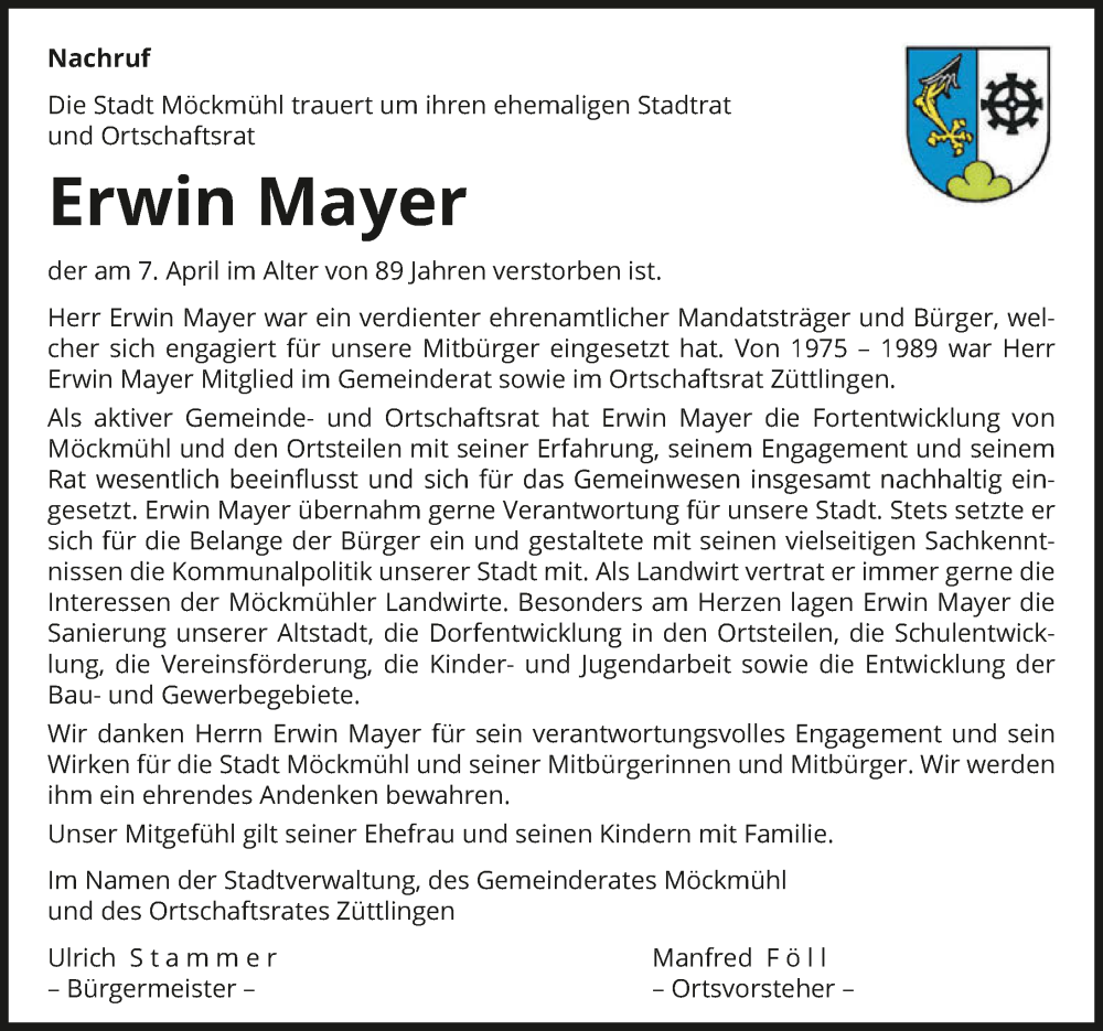  Traueranzeige für Erwin Mayer vom 15.04.2023 aus GESAMT