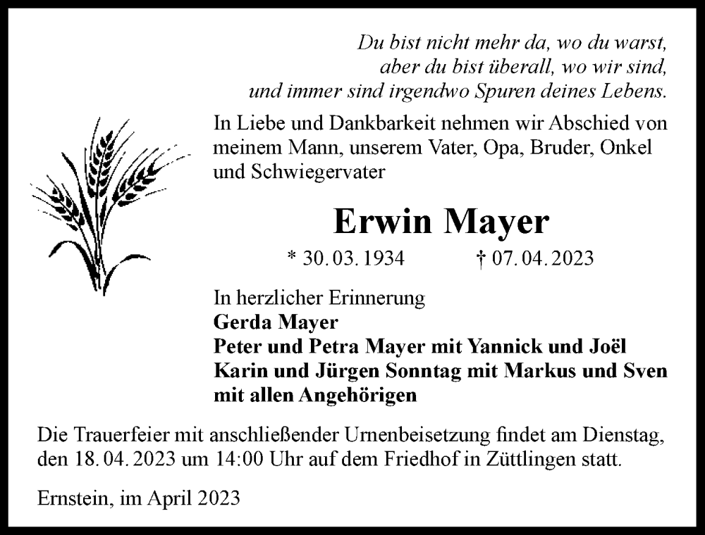  Traueranzeige für Erwin Mayer vom 15.04.2023 aus GESAMT