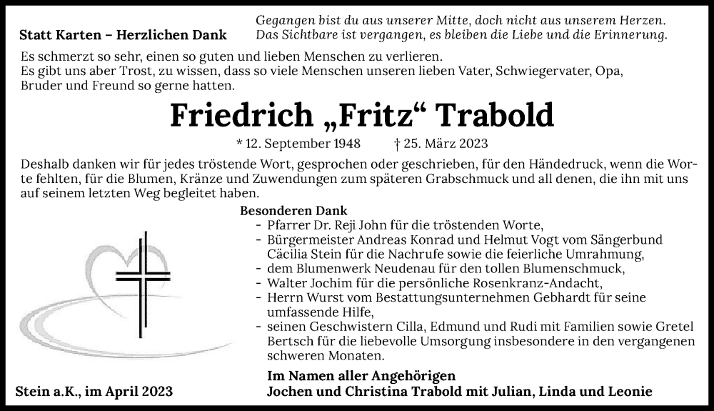  Traueranzeige für Friedrich Trabold vom 22.04.2023 aus GESAMT