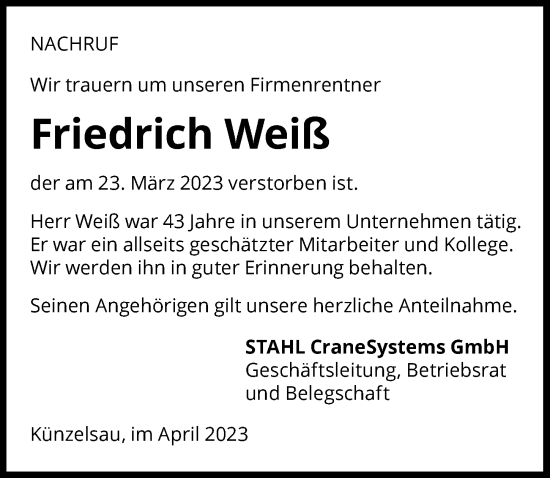 Traueranzeige von Friedrich Weiß von GESAMT