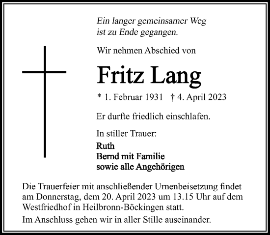 Traueranzeige von Fritz Lang von GESAMT