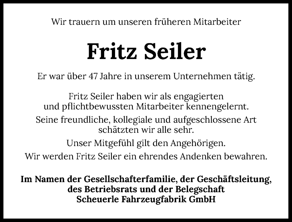  Traueranzeige für Fritz Seiler vom 15.04.2023 aus GESAMT