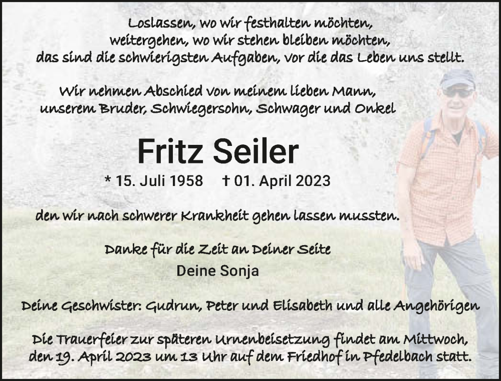  Traueranzeige für Fritz Seiler vom 15.04.2023 aus GESAMT