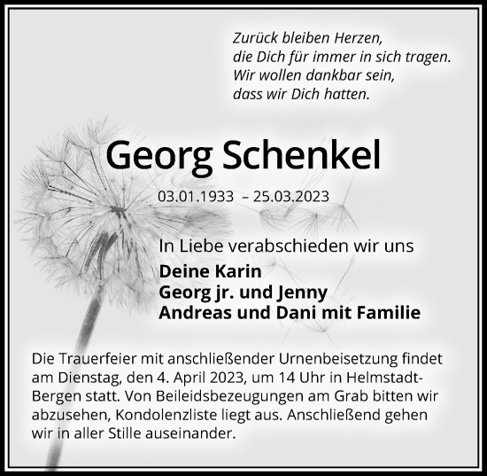 Traueranzeige von Georg Schenkel von GESAMT