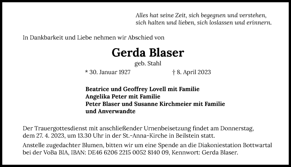  Traueranzeige für Gerda Blaser vom 22.04.2023 aus GESAMT