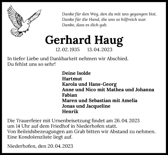 Traueranzeige von Gerhard Haug von GESAMT
