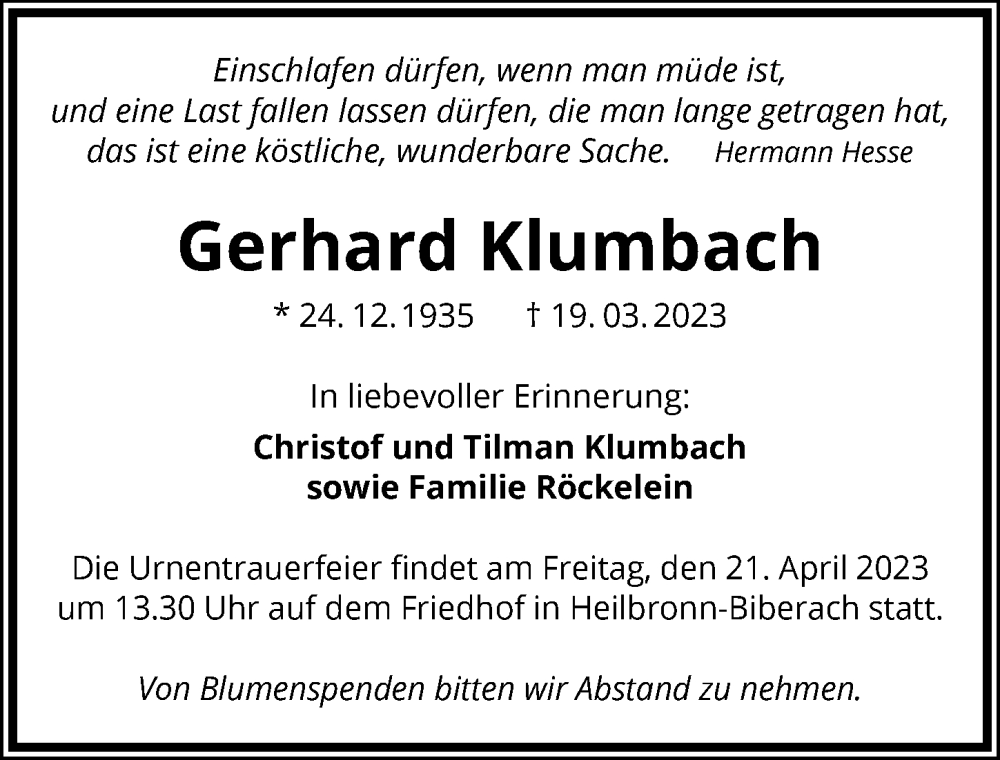  Traueranzeige für Gerhard Klumbach vom 15.04.2023 aus GESAMT