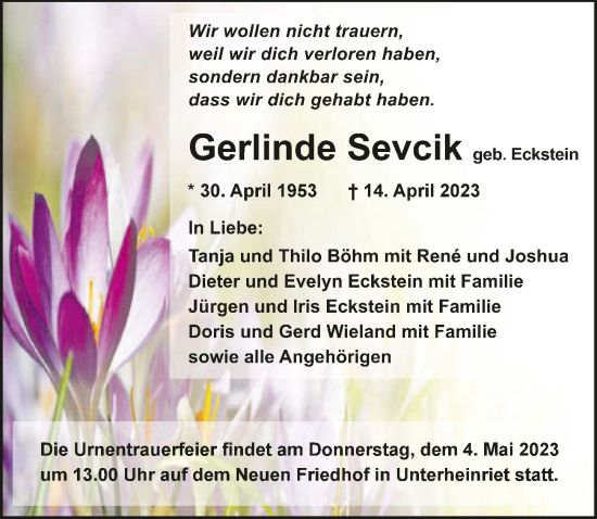 Traueranzeige von Gerlinde Sevcik von GESAMT