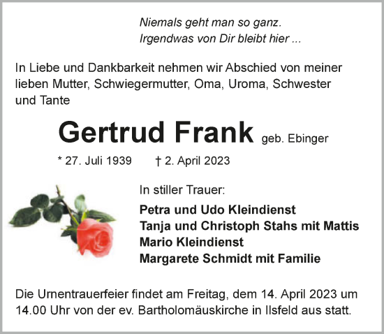 Traueranzeige von Gertrud Frank von GESAMT