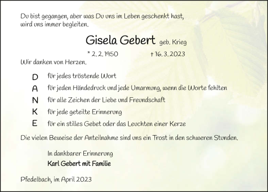 Traueranzeige von Gisela Gebert von GESAMT