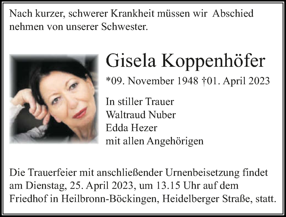  Traueranzeige für Gisela Koppenhöfer vom 22.04.2023 aus GESAMT