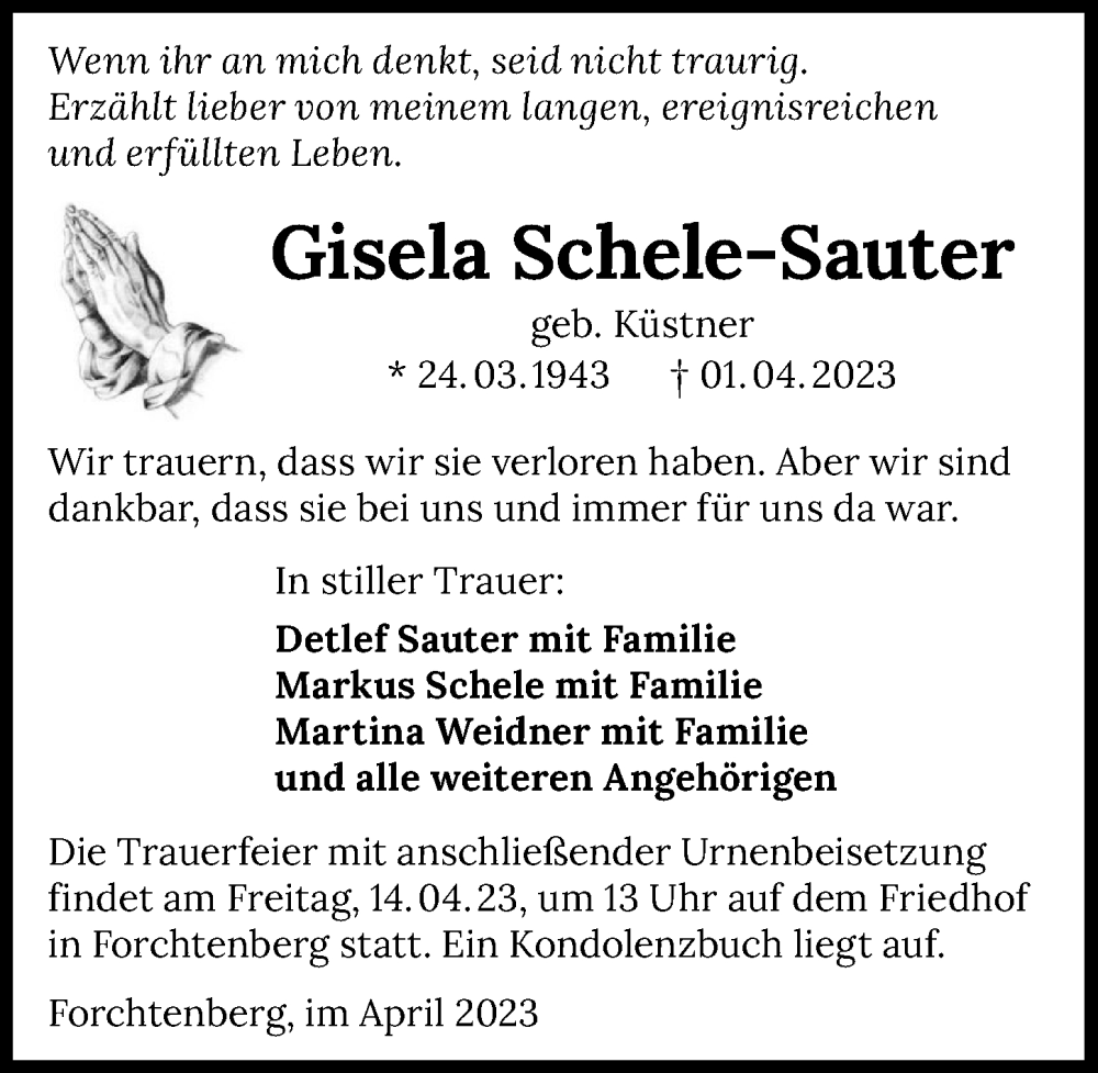  Traueranzeige für Gisela Schele-Sauter vom 08.04.2023 aus GESAMT