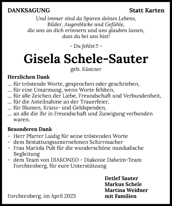 Traueranzeige von Gisela Schele-Sauter von GESAMT
