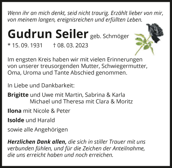 Traueranzeige von Gudrun Seiler von GESAMT