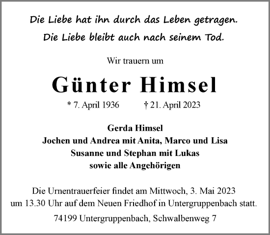 Traueranzeige von Günter Himsel von GESAMT