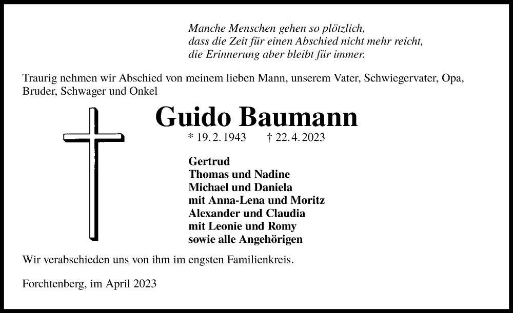  Traueranzeige für Guido Baumann vom 29.04.2023 aus GESAMT