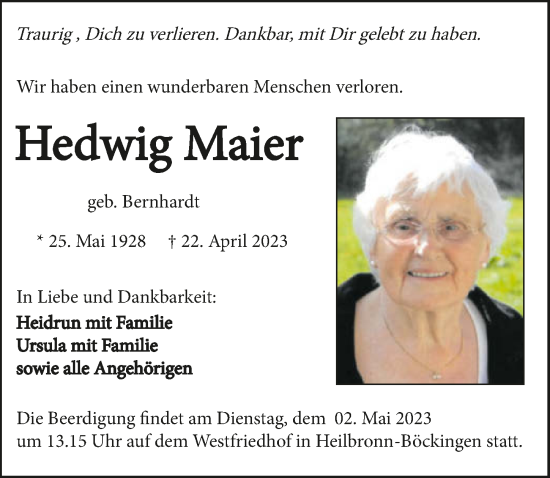 Traueranzeige von Hedwig Maier von GESAMT