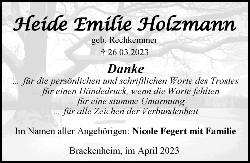  Traueranzeige für Heide Emilie Holzmann vom 22.04.2023 aus GESAMT