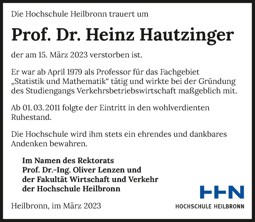  Traueranzeige für Heinz Hautzinger vom 01.04.2023 aus GESAMT