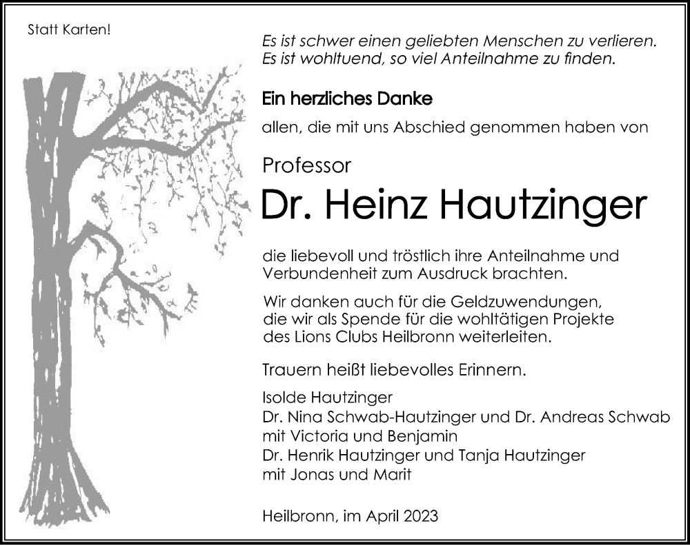  Traueranzeige für Heinz Hautzinger vom 22.04.2023 aus GESAMT