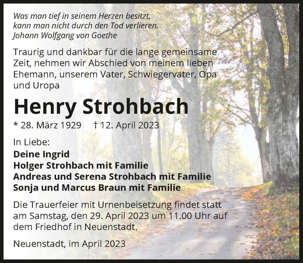  Traueranzeige für Henry Strohbach vom 26.04.2023 aus GESAMT