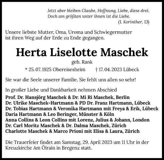 Traueranzeige von Herta Liselotte Maschek von GESAMT