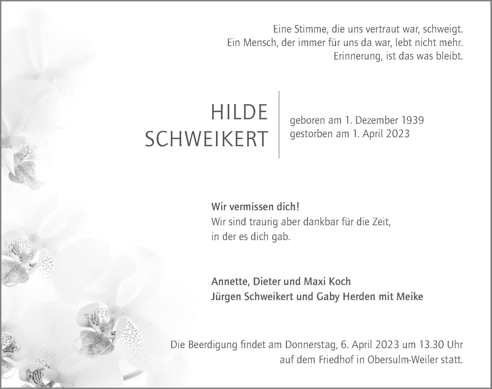  Traueranzeige für Hilde Schweikert vom 05.04.2023 aus GESAMT