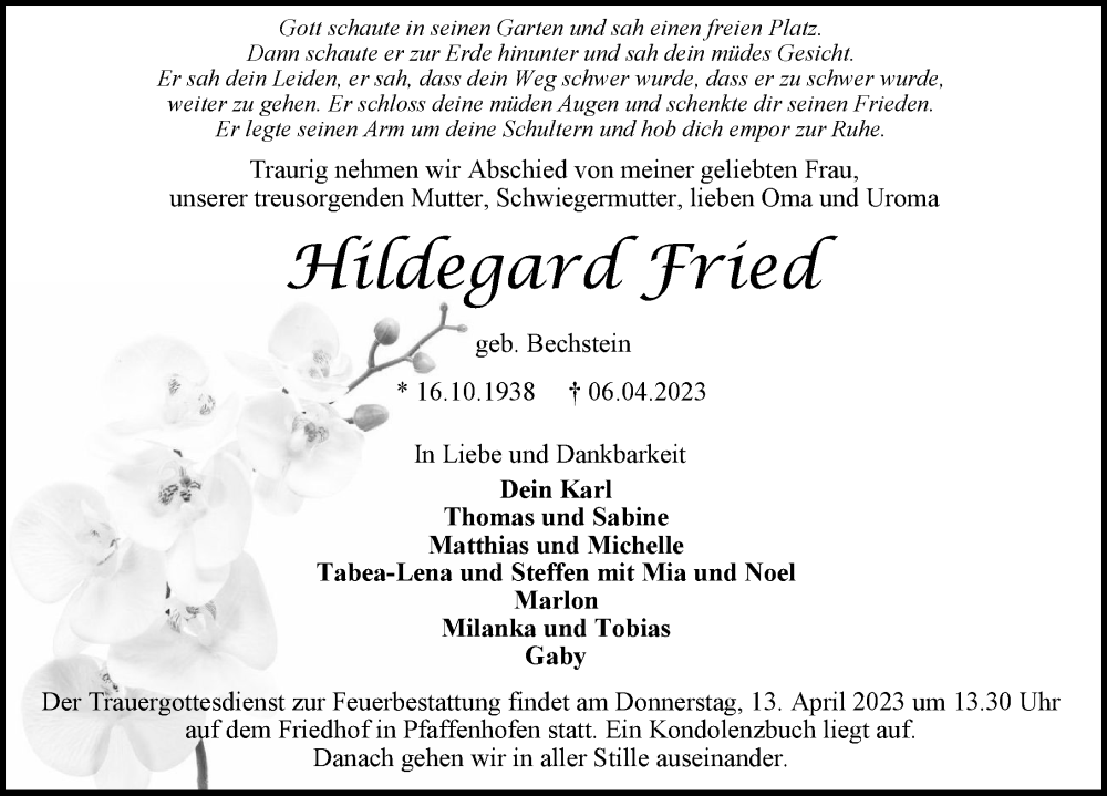  Traueranzeige für Hildegard Fried vom 12.04.2023 aus GESAMT